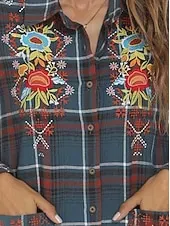 Women's Boho Shirt Floral Plaid Flower Casual Boho Long Sleeve Bishop Sleeve Shirt Collar Regular Tops Valentine's Day Work Daily Embroidered Blue Spring, Fall, Winter, Summer