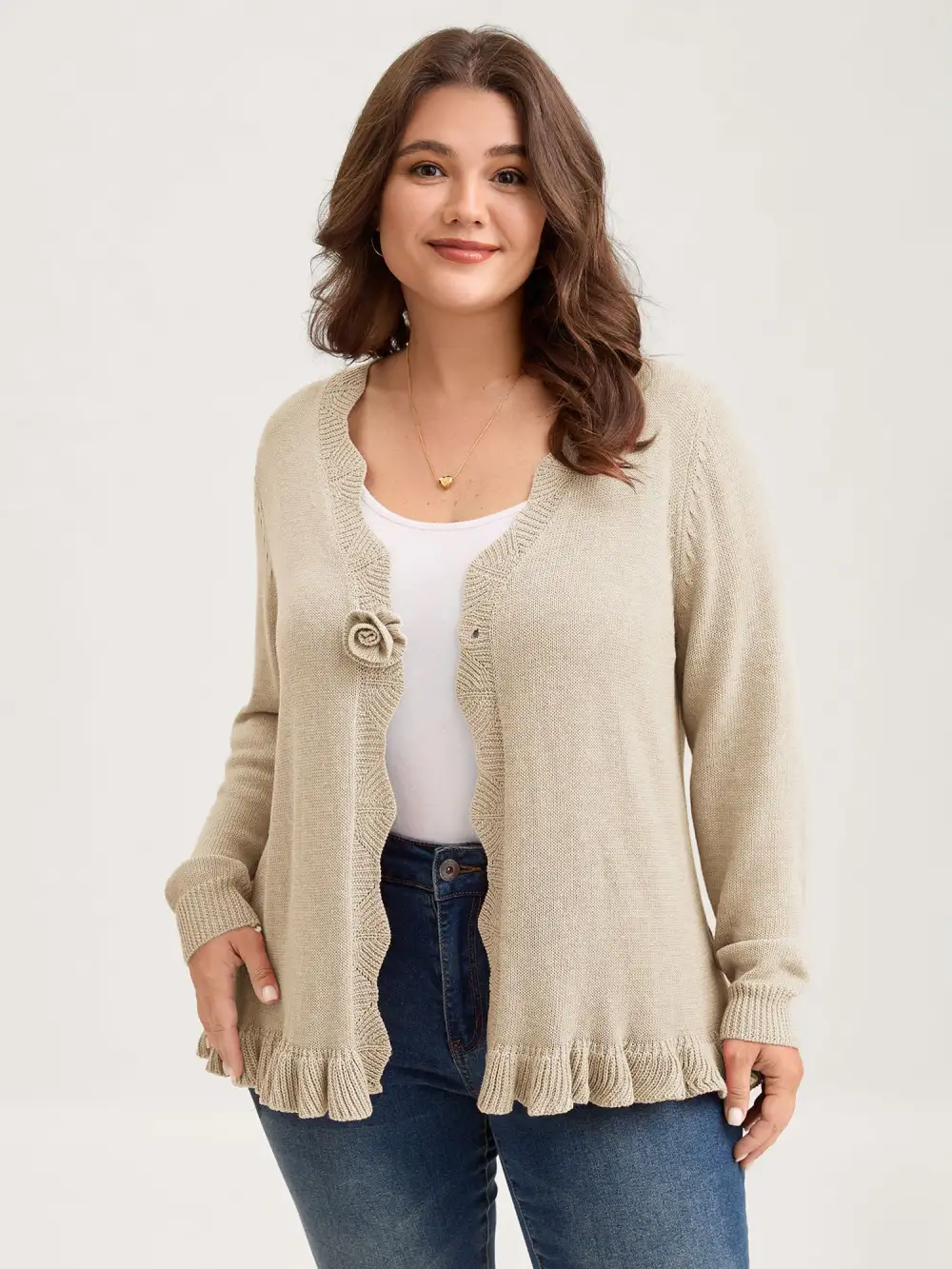 Supersoft Textured Floral Button Ruffled Hem Knit Cardigan