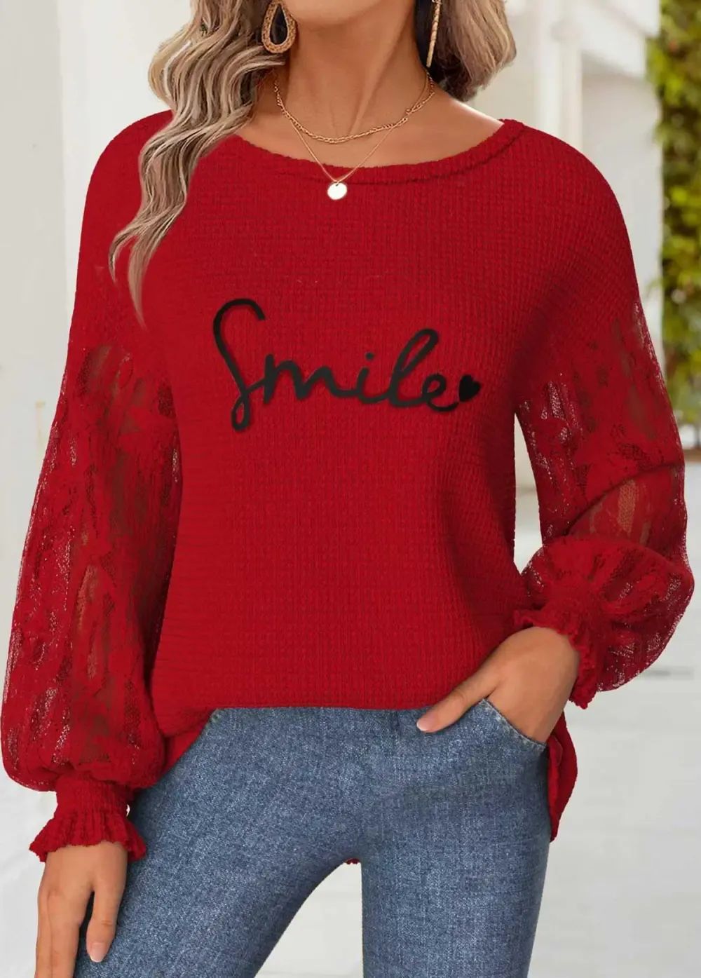 Red Tummy Coverage Letter Print Long Sleeve Sweatshirt