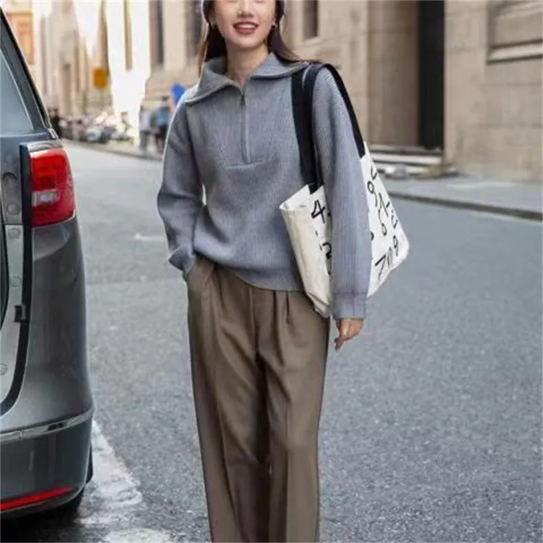 Two Wear Half Zip Large Lapel Soft Waxy Sweater