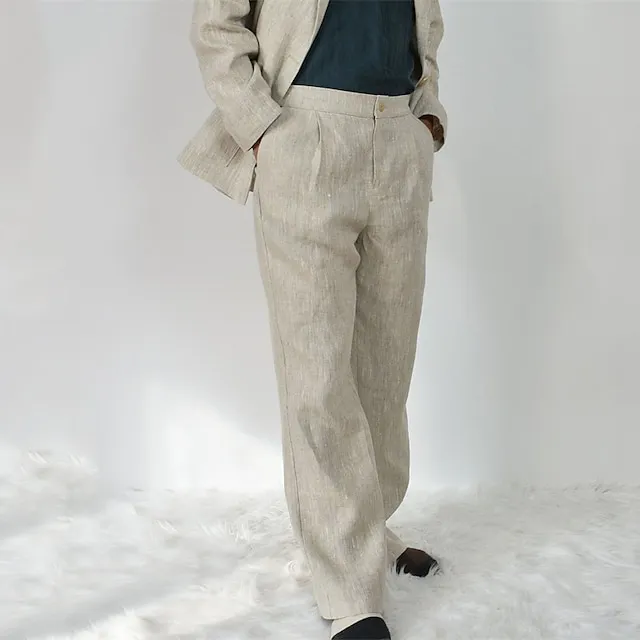 Men's Linen Pants Trousers Summer Pants Pleated Pants Straight Leg Plain Comfort Outdoor Casual Daily Linen / Cotton Blend Streetwear Stylish Black White