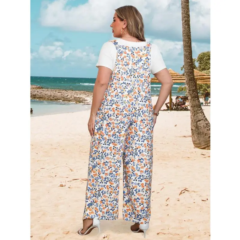 Plus Size Wide-Leg Jumpsuit with Pockets – Adjustable & Casual Fit for Summer