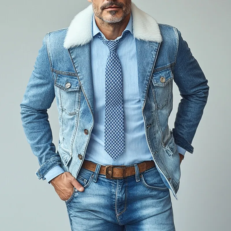 Men's Casual Short Plush Lapel Single Breasted Denim Jacket