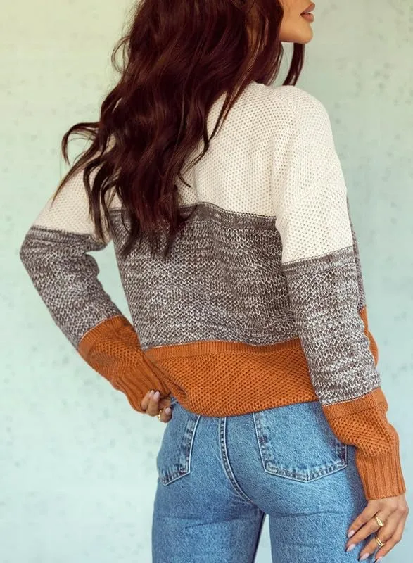 Womens Color Block Sweaters Long Sleeve Crewneck Pullover Knit Jumper Tops