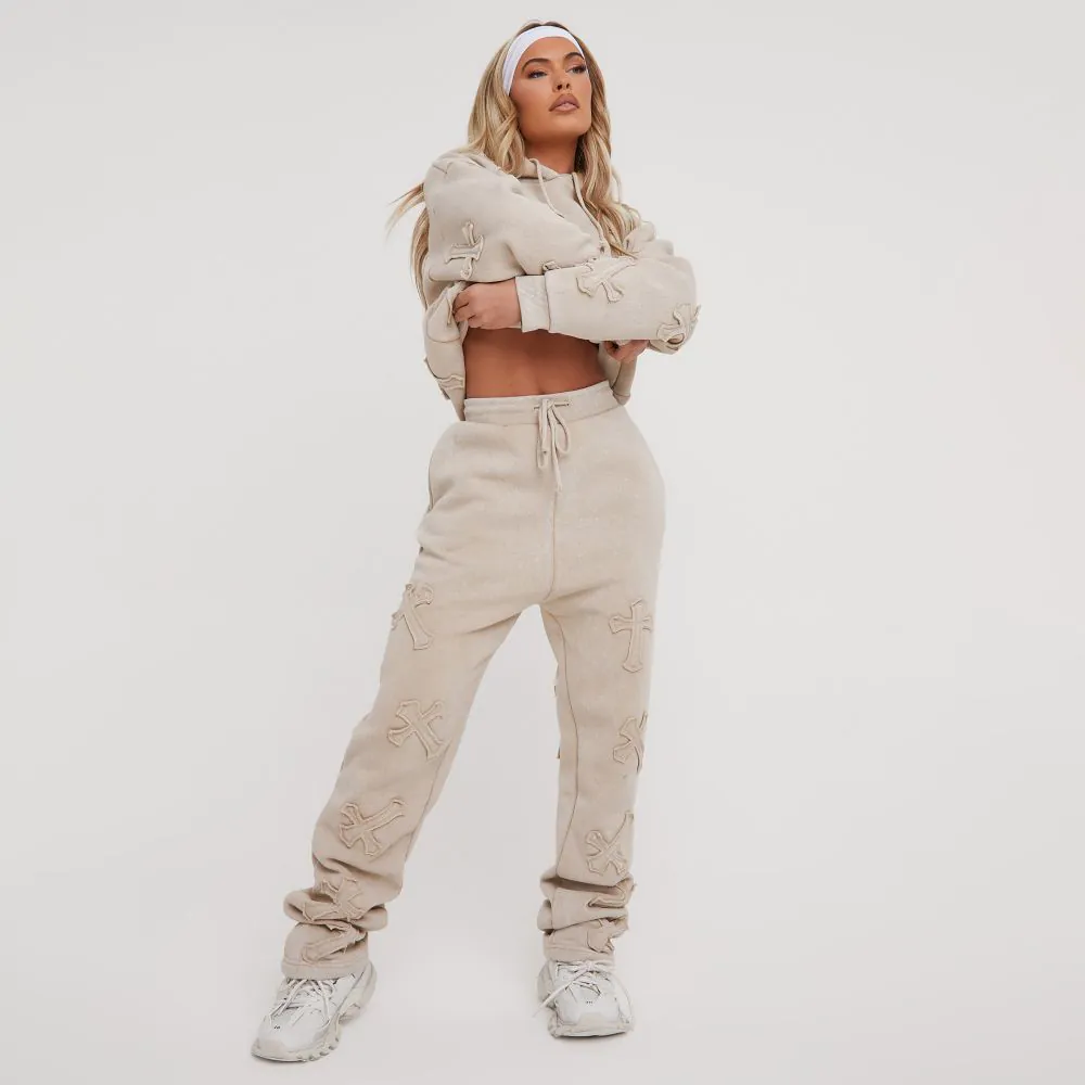 High Waist Cross Patch Detail Oversized Straight Leg Joggers In Acid Wash Stone