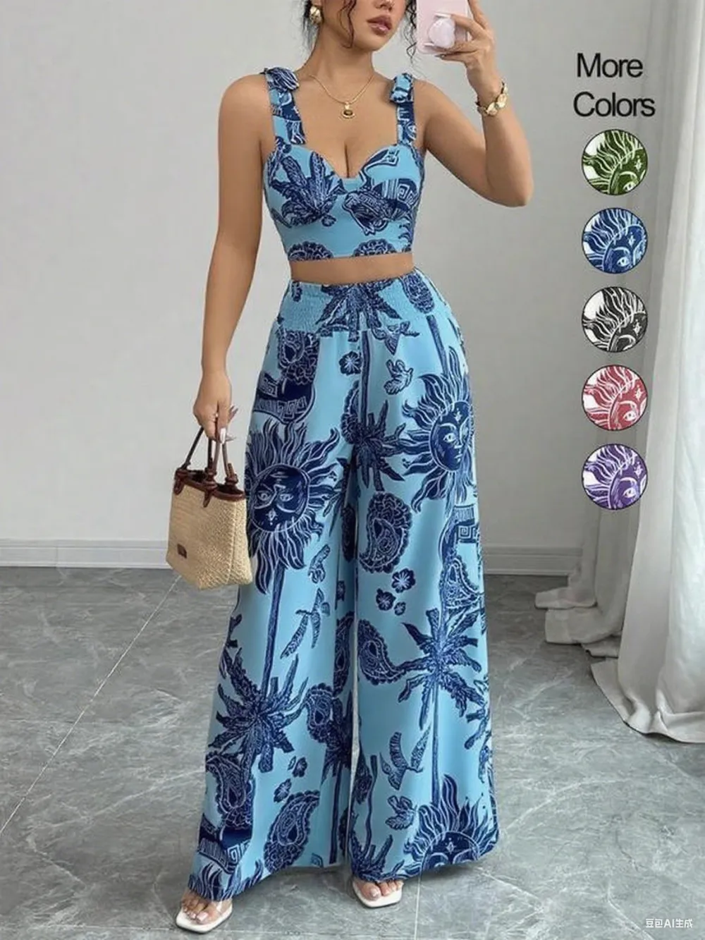 Women's 2-Piece Boho Print Crop Top & Wide Leg Pants Set – Sleeveless Beach Outfit for Summer Vacation