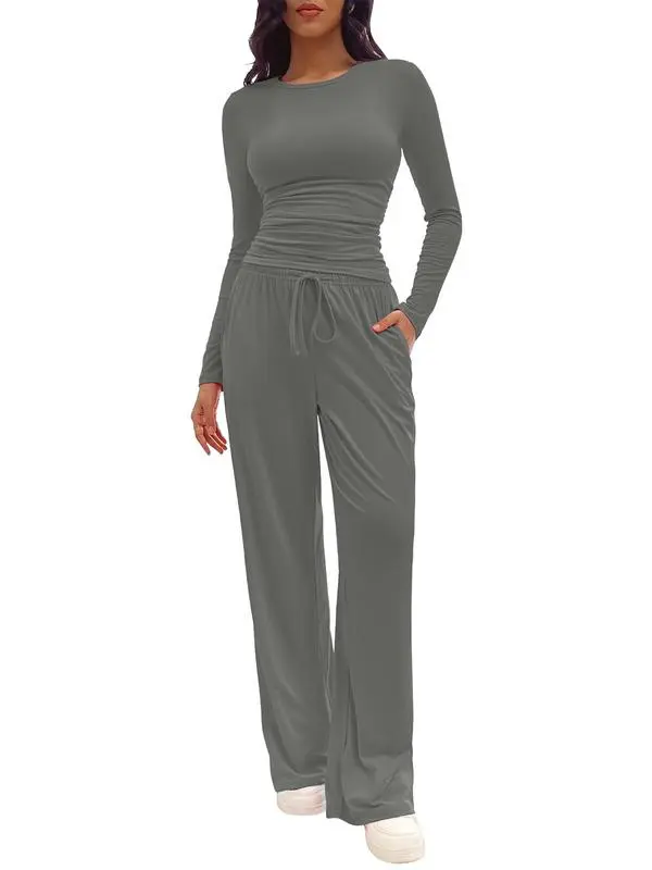 Women's 2-Piece Lounge Set – Solid Ruched Tee & Drawstring Pants, Casual Everyday Sleepwear.