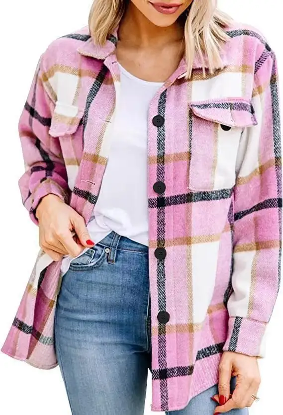 Women's Casual Shacket Jacket Plaid Shirts Flannel Blouses Button-Down Shirts