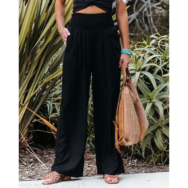 Women‘s Casual Fashion Culottes Wide Leg Chinos Wide Leg Side Pockets Cotton Linen Full Length Pants Casual Weekend Micro-elastic Chinese Style Comfort Mid Waist White Black Khaki S M L XL XXL