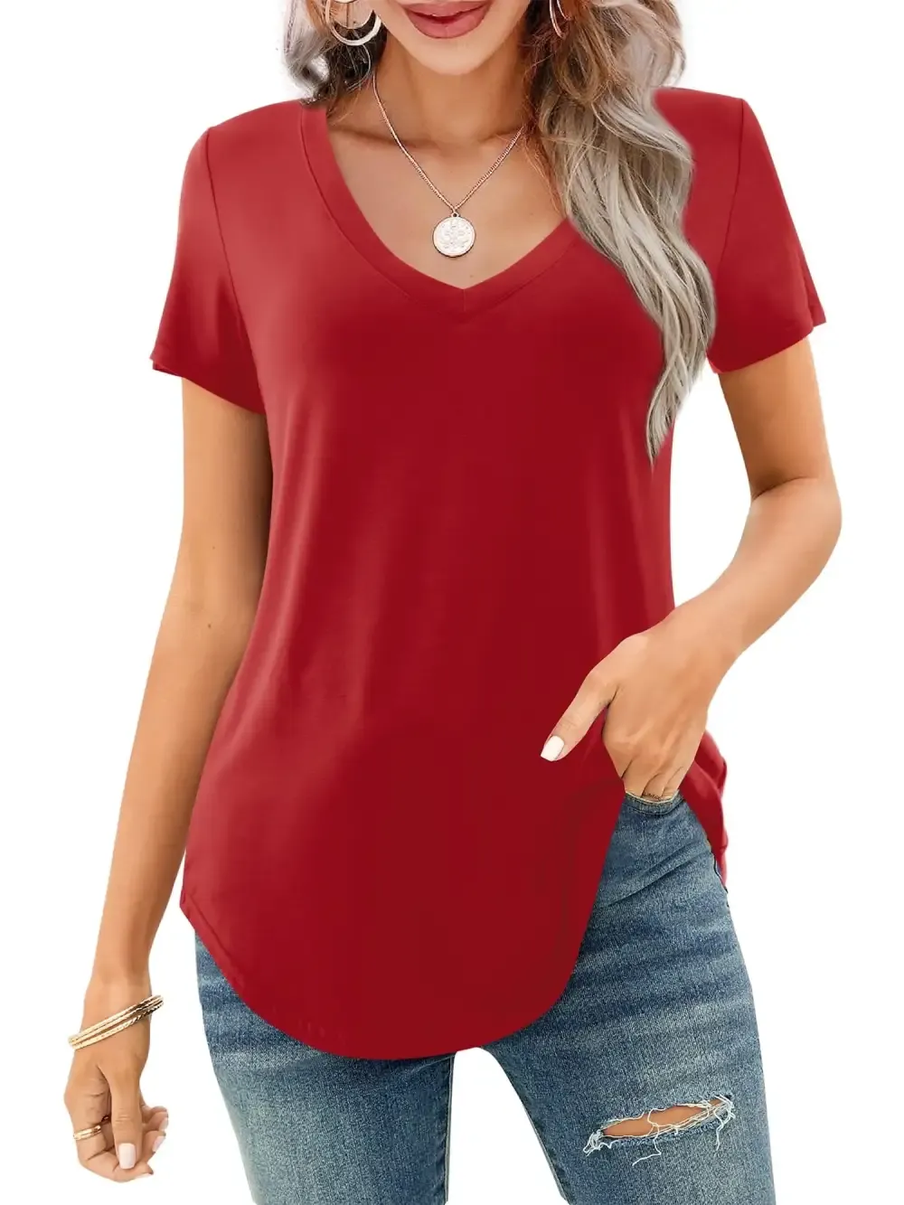 ✨Women's V-neck Short Sleeve Curved Hem Tee Top
