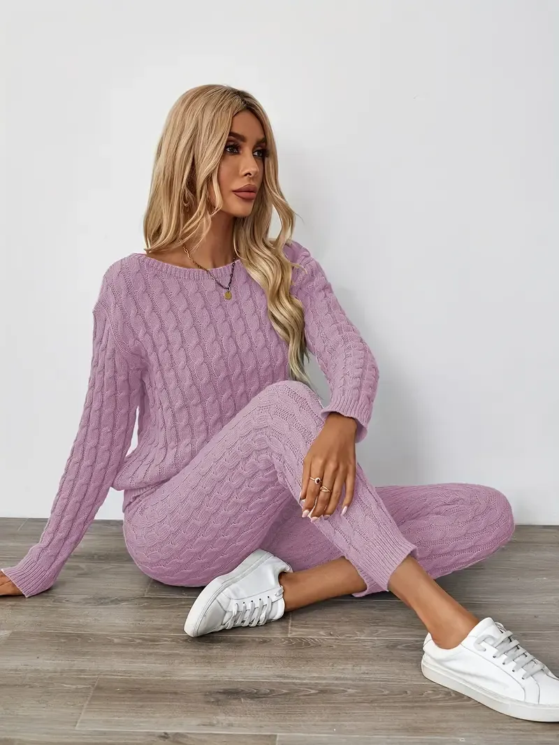 Solid Knitted Matching Two-piece Set, Casual Long Sleeve Sweater & Pants Outfits, Women's Clothing