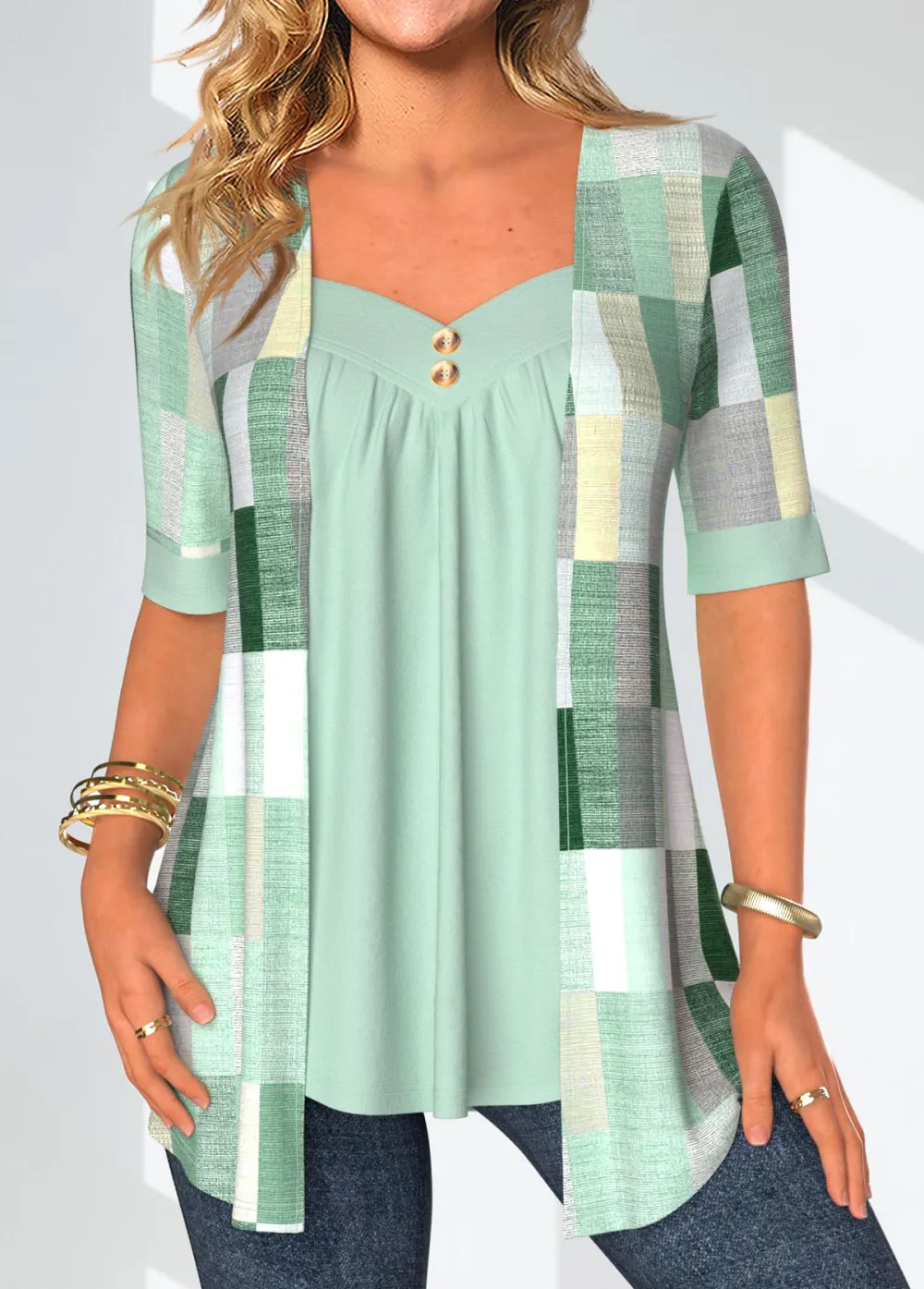 Mint Green Fake 2in1 Geometric Print Blouse