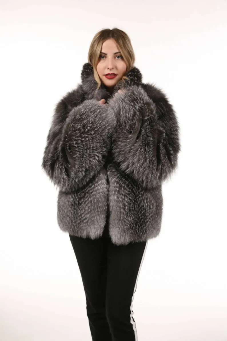 Blue frost Fur Waist Length Jacket