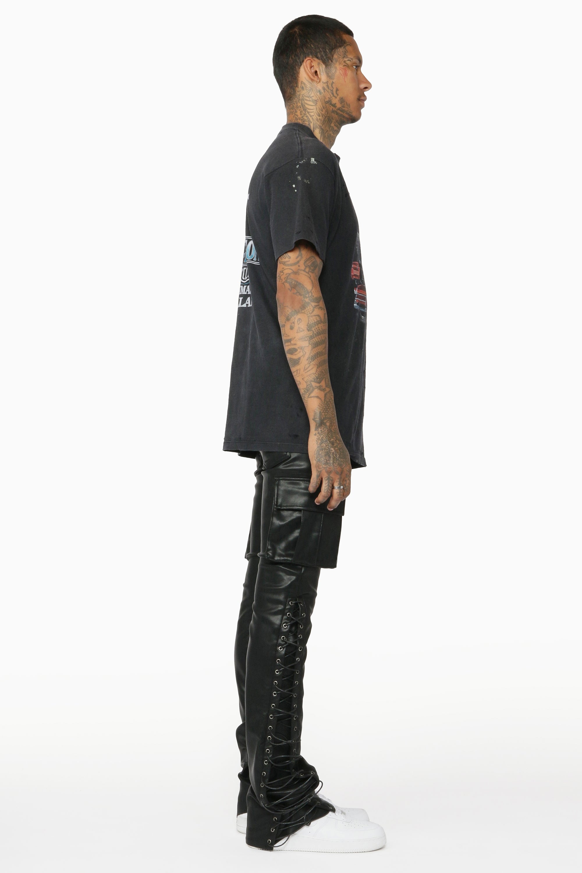 Honor Black Faux Leather Stacked Flare Jean