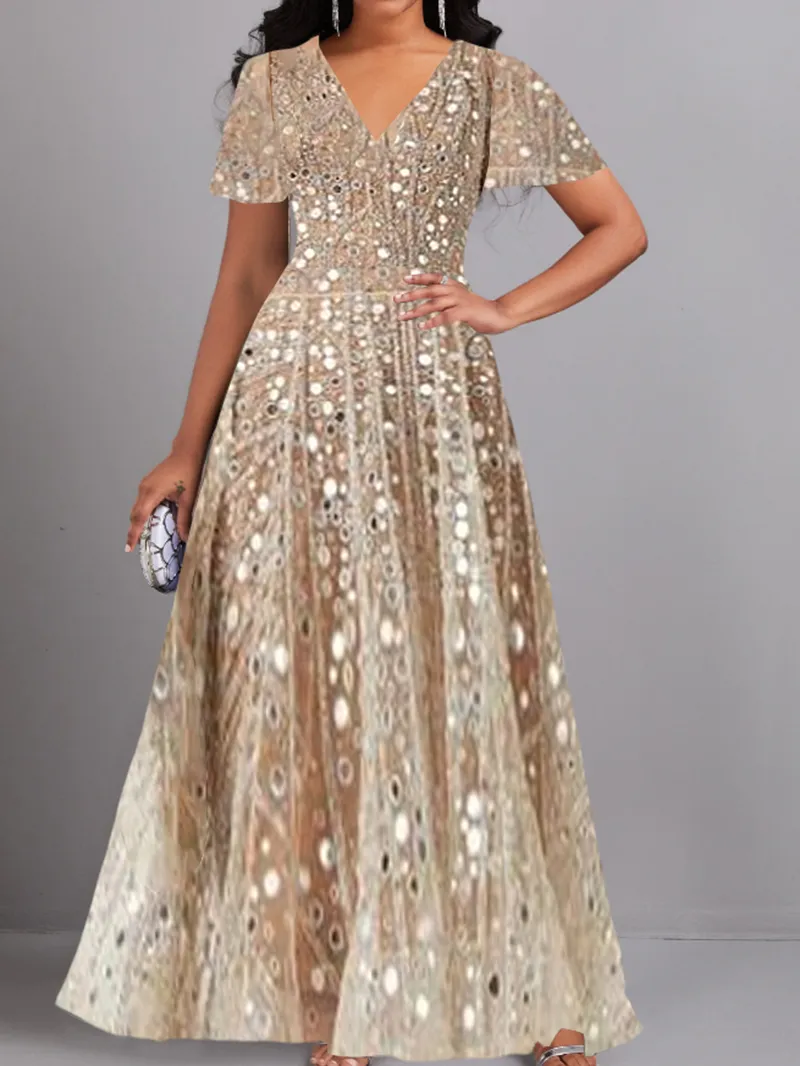 Short-sleeved V-neck sparkling diamond sequin dress cocktail dress with waist tucked loose dress dress