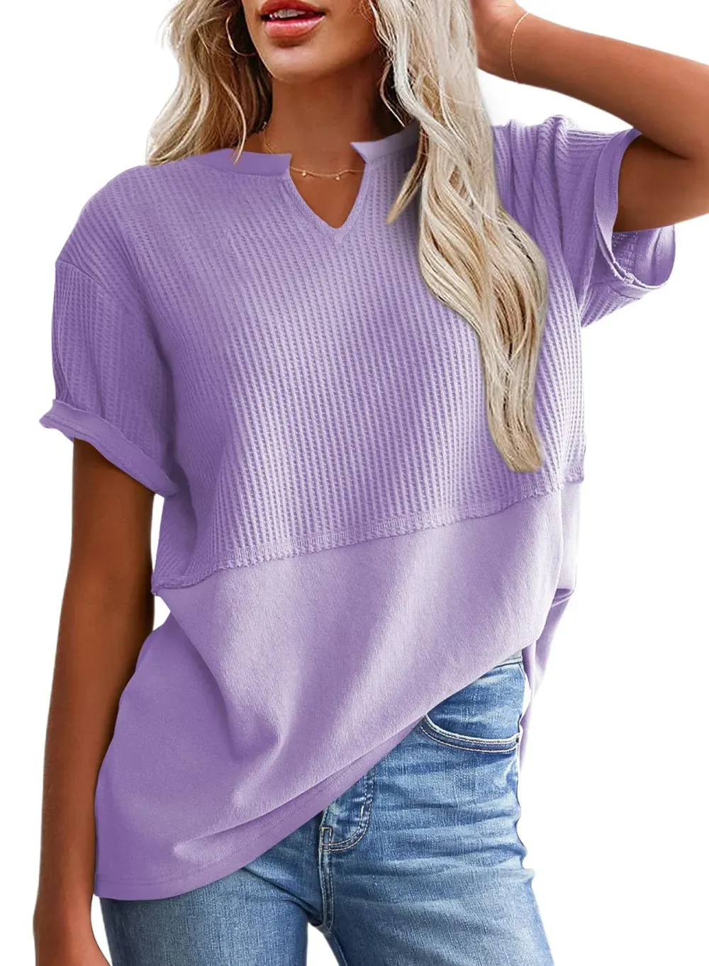 ✨Women's Casual V Neck Waffle Knit Tops Short Sleeve T Shirts