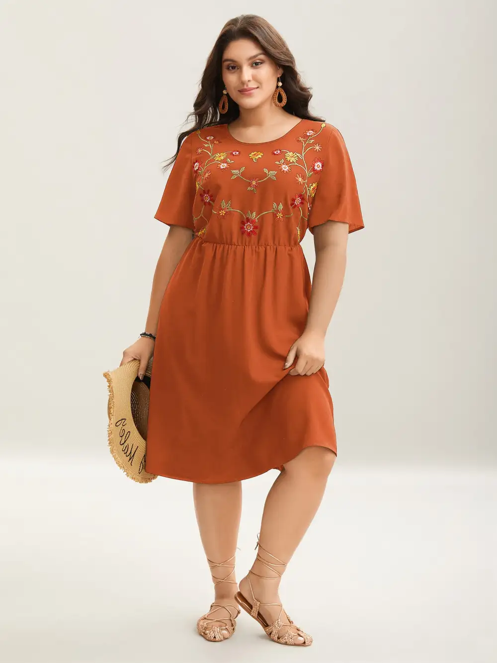 Floral Embroidered Waist-Cinched Midi Dress