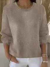 Women's Sweater Fashion Streetwear Casual Pure Color Ribbed Crew Neck Knitted Long Sleeve Regular Tops Knit Outdoor Daily Weekend Yellow Pink Fall Winter