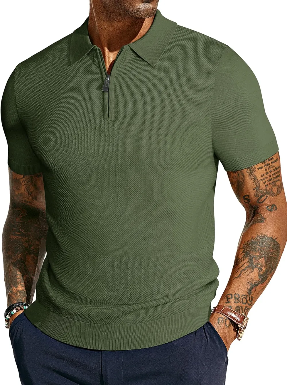 Men's Zipper Polo Shirt Textured Casual Knit Short Sleeve Polo T Shirt