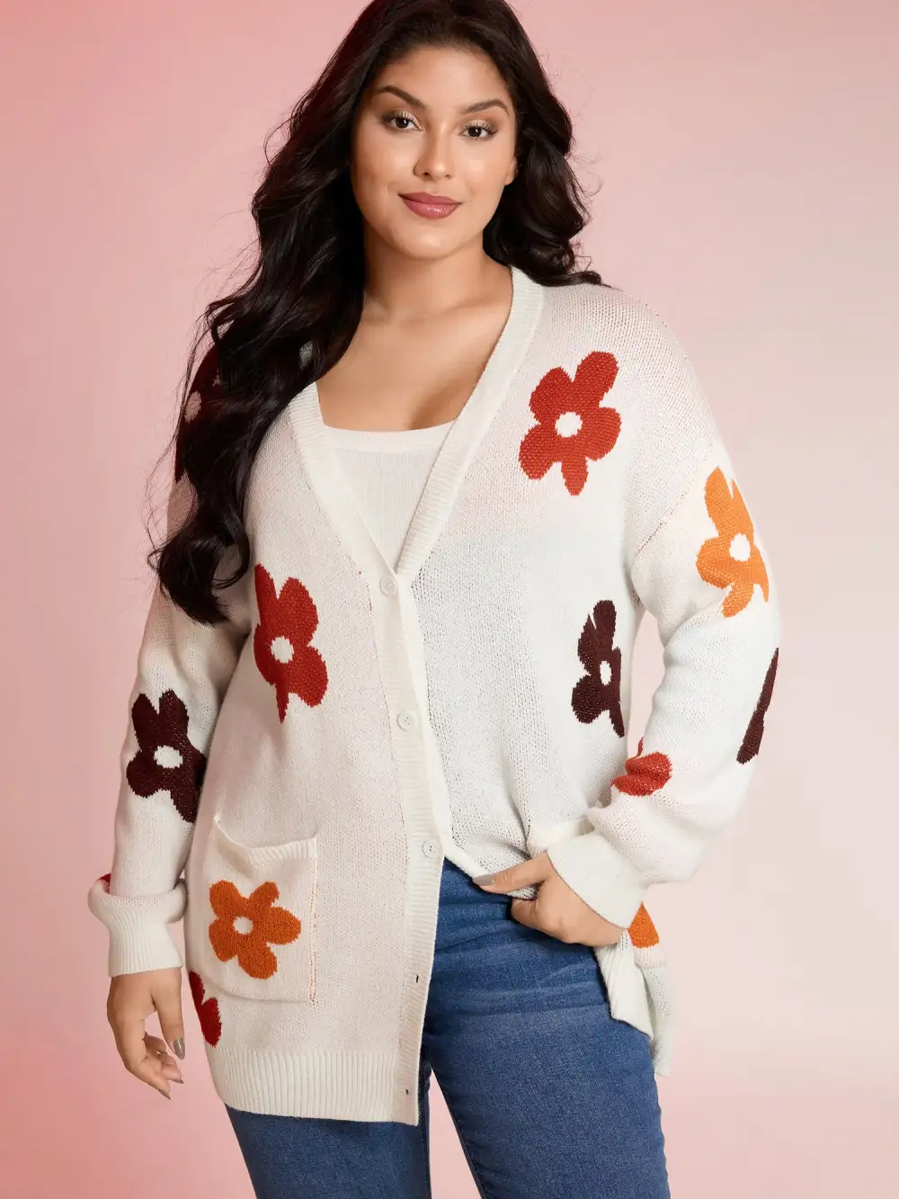 Floral Print Pockets Button-Front Knit Cardigan