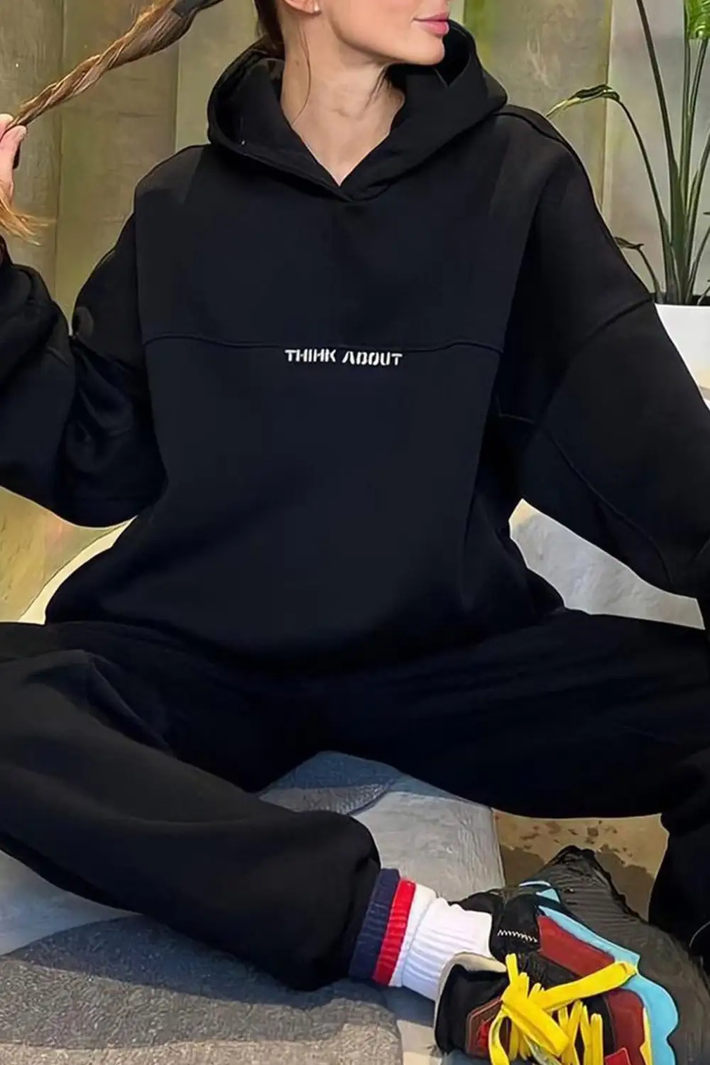 Letter Graphic Drawstring Hoodie Long Pants Suits