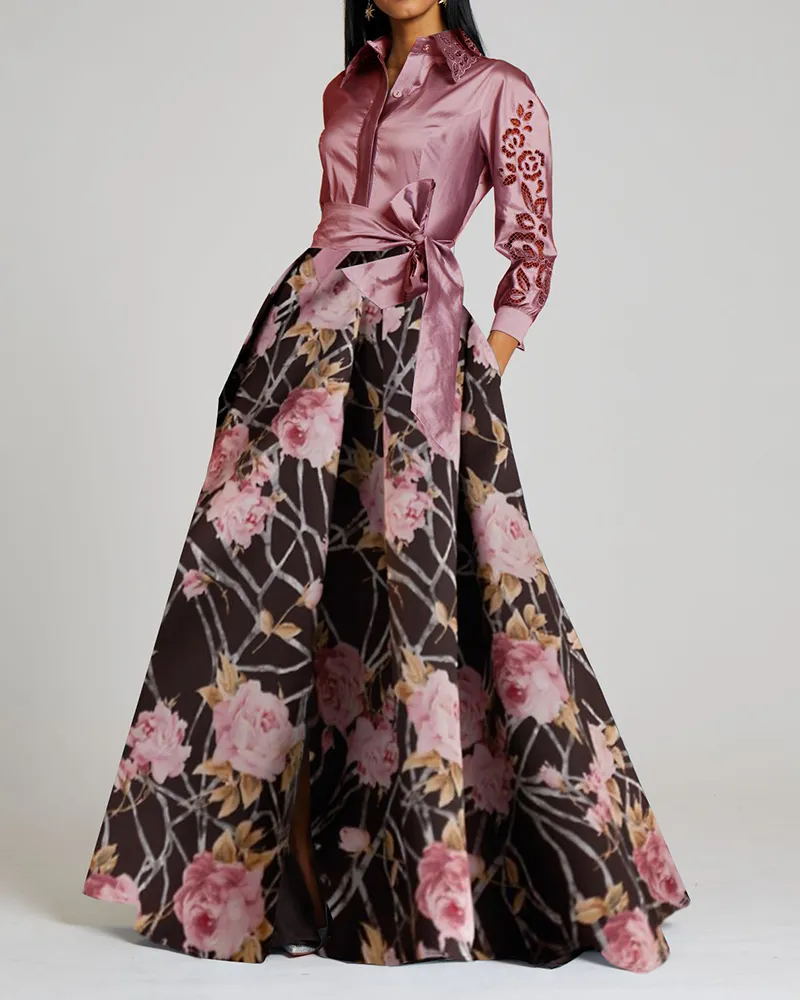 contrast print brocade maxi dress shirt collar