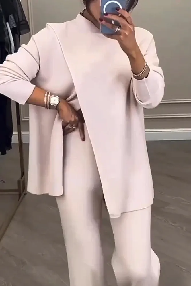 Women's solid color irregular top and pants two-piece set
