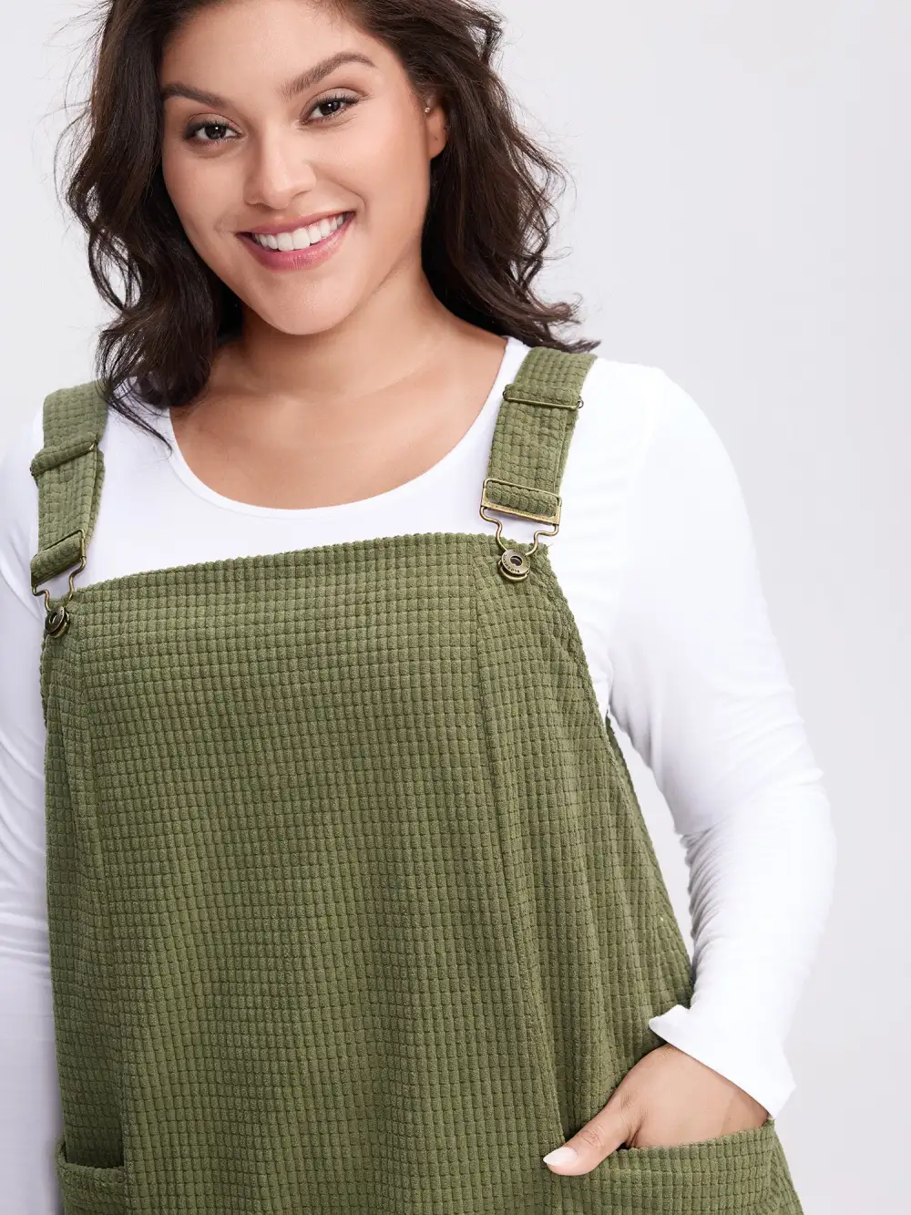 Textured Adjustable Overall Pockets Knee-Length Dress