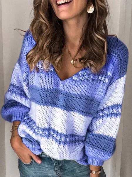 Long Sleeve V Neck Striped Sweater