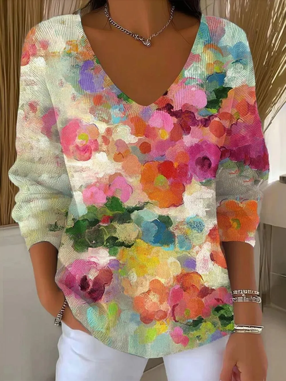 Casual V Neck Floral Cotton Sweater
