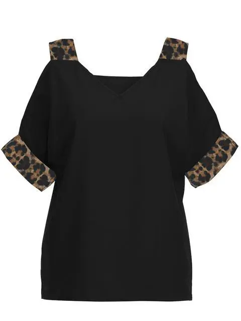Leopard Print V-neck Cold Shoulder Tops