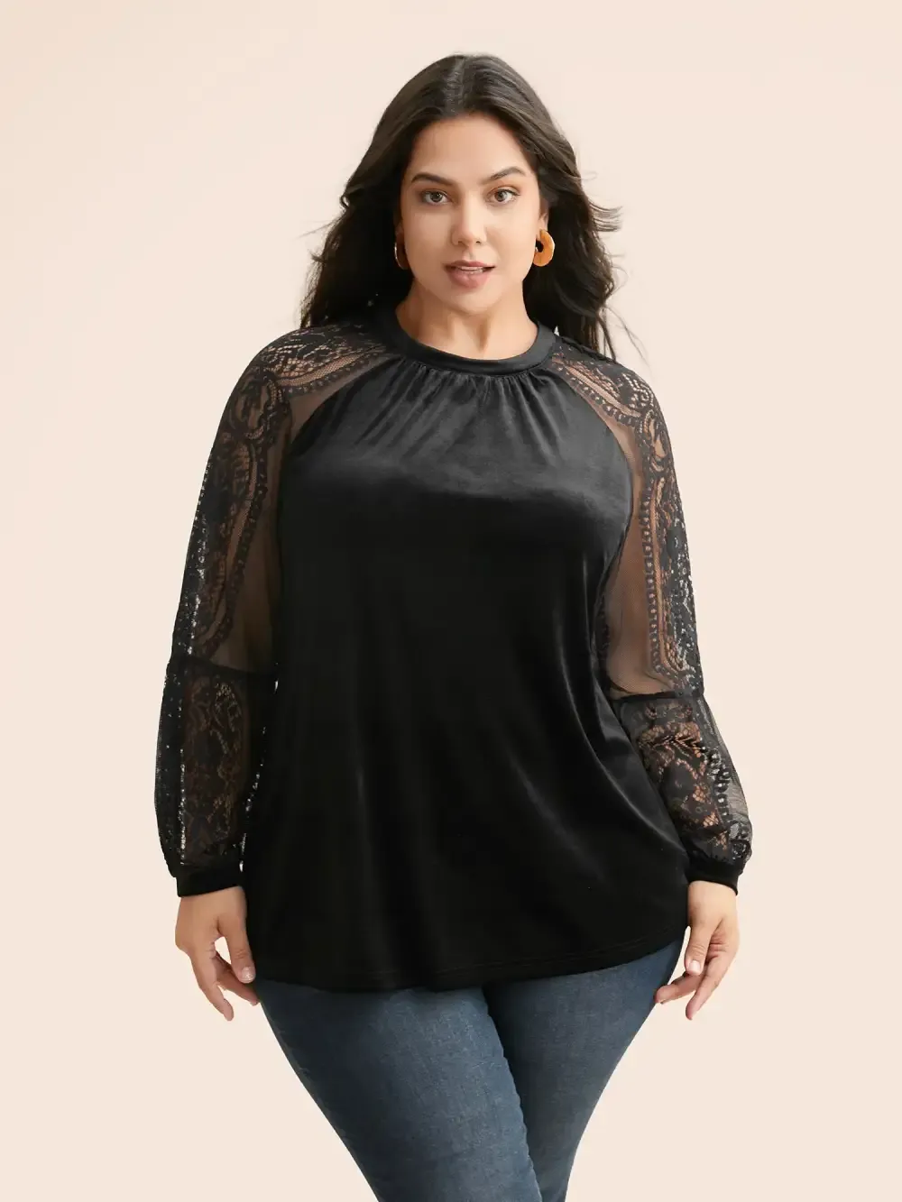Lace Patchwork Velvet Raglan Sleeve Blouse