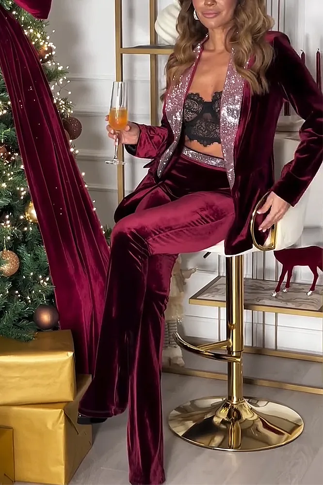 Women's Fashion sequin patchwork lapel, Jacket Pants Two Piece Set
