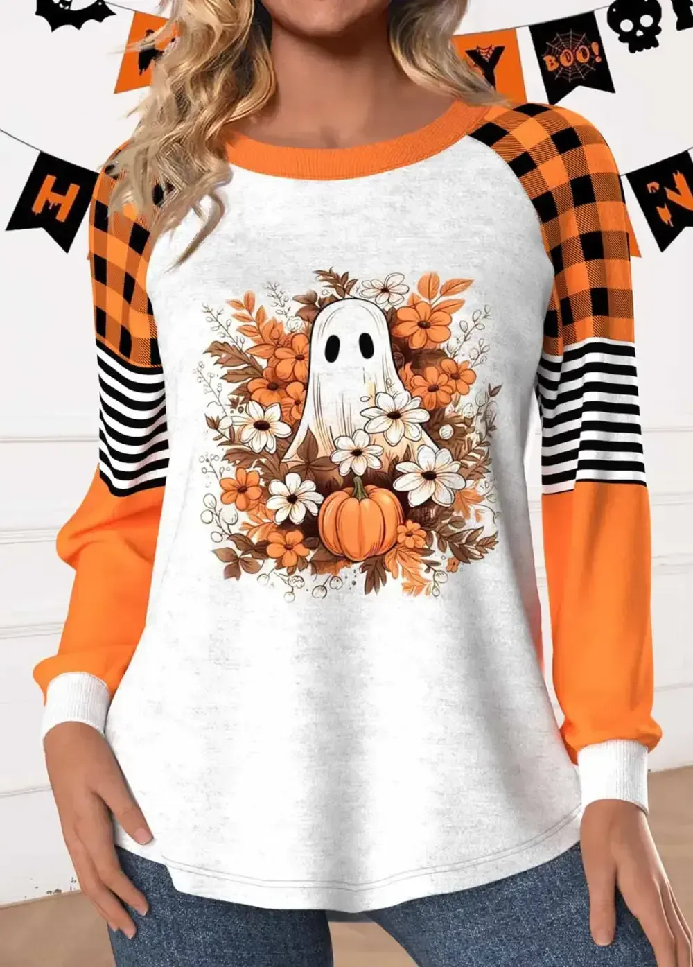 Halloween Orange Patchwork Long Sleeve Round Neck Sweatshirt