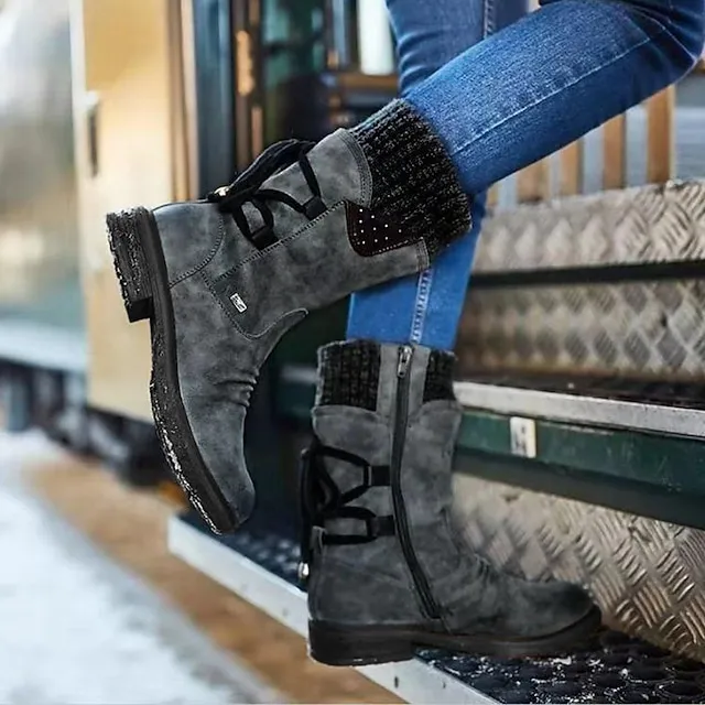 Women's Boots Snow Boots Sweater Boots Plus Size Outdoor Daily Mid Calf Boots Winter Lace-up Flat Heel Round Toe Casual Faux Leather Zipper Black Red Blue