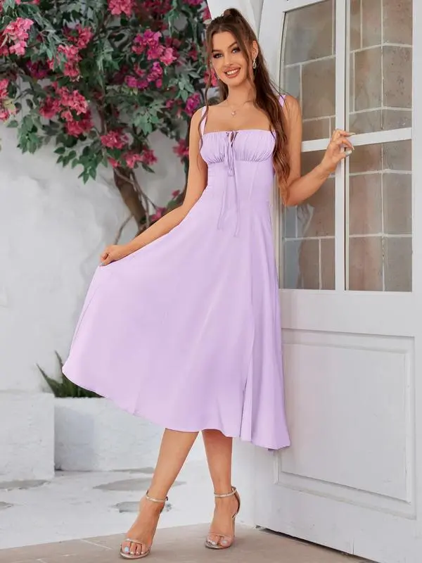 Women's Plain Dress, Lace Up Dress, Party Dress, Tie Front Dress, Elegant Square Neck Midi Dress