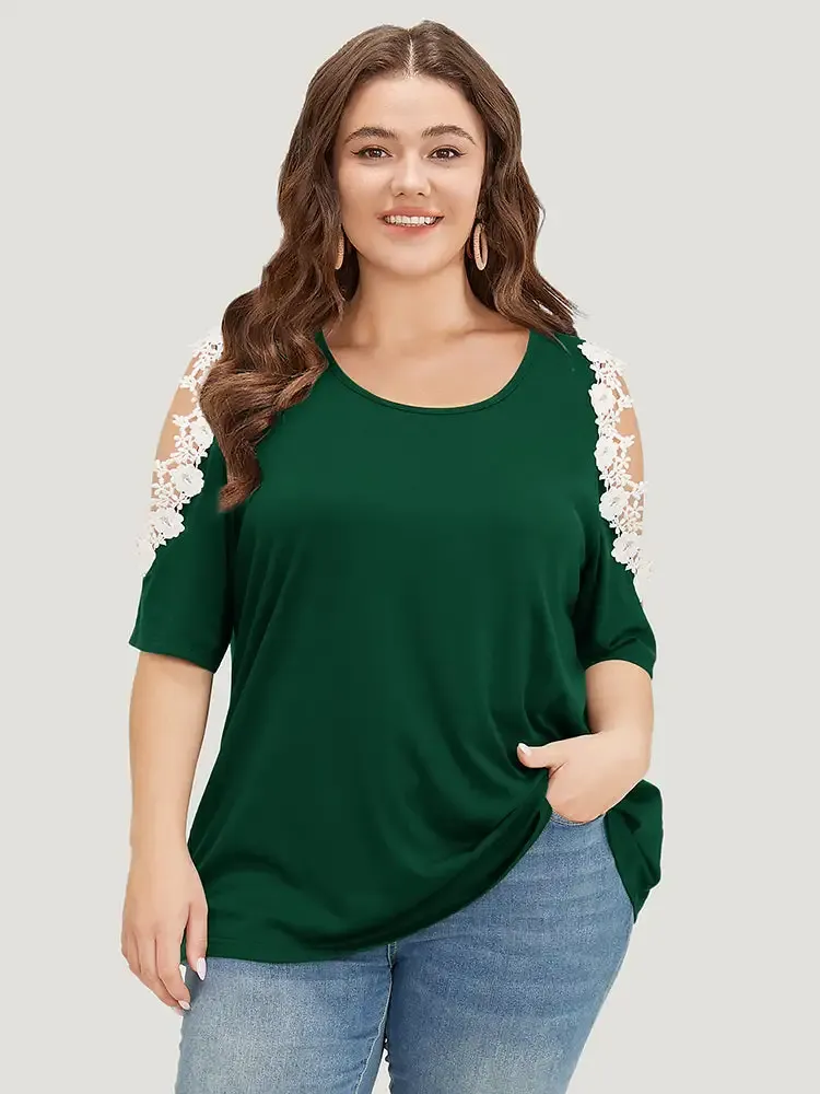 Solid Guipure Lace Cold Shoulder T-shirt