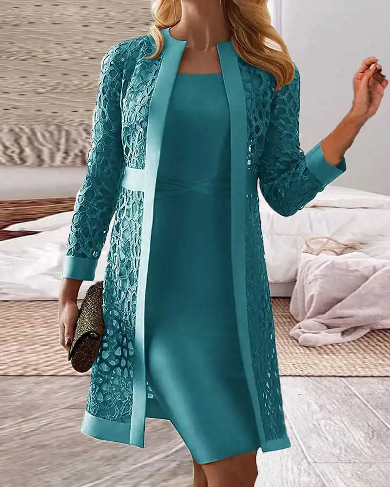 Women's Solid Color Casual Lace Cardigan Dress Two Piece Sets