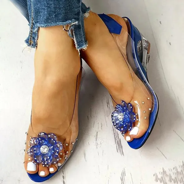 Women's bohemian clear crystal rhinestone flower wedge sandals
