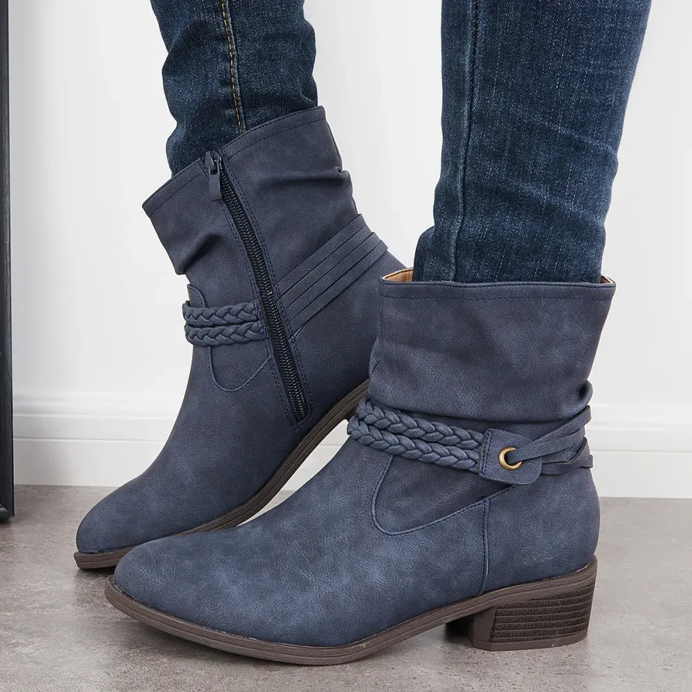 Slouchy Ankle Boots Braided Strap Chunky Block Heel Booties