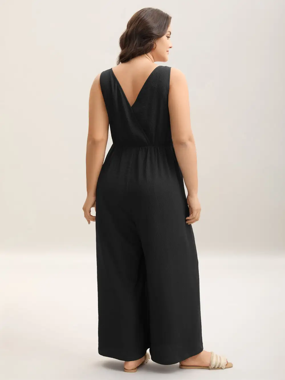 Shirred Pockets Wide-Leg Plain Jumpsuit