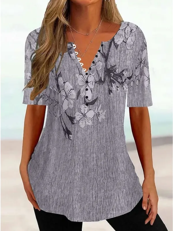 Women's T shirt Tee White Yellow Light Green Floral Button Print Short Sleeve Holiday Weekend Tunic Basic Round Neck Regular Fit Floral Painting