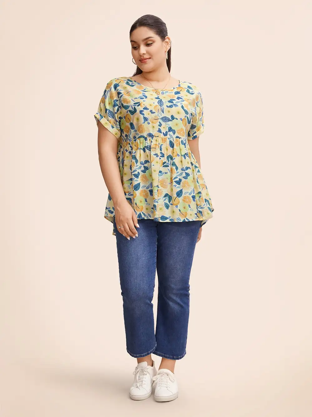 Fruit Print Curved Hem Batwing Sleeve Blouse