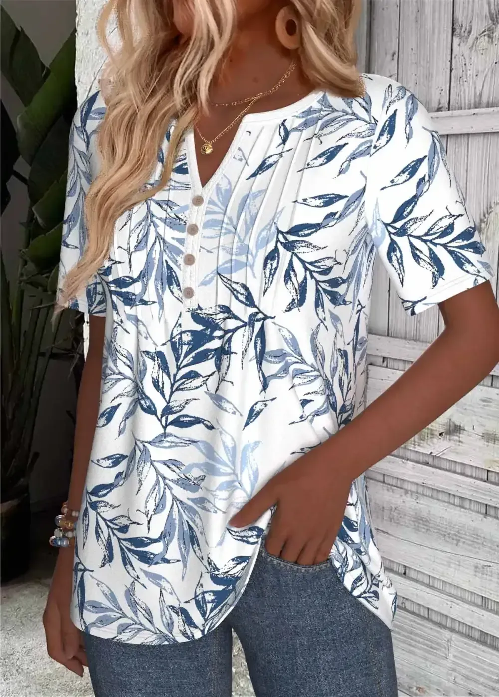 White Leaf Print T Shirt