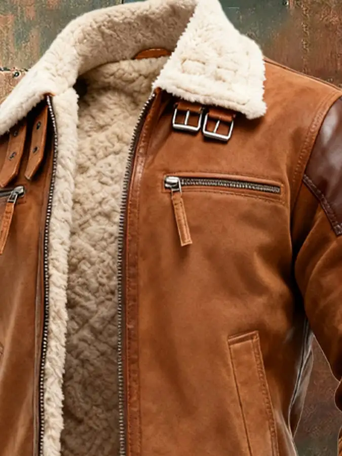 Men's Vintage Suede Stitching Leather Zipper Pocket Outdoor Jacket