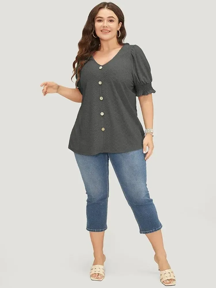 Plain Broderie Anglaise Shirred Puff Sleeve Button Detail T-shirt