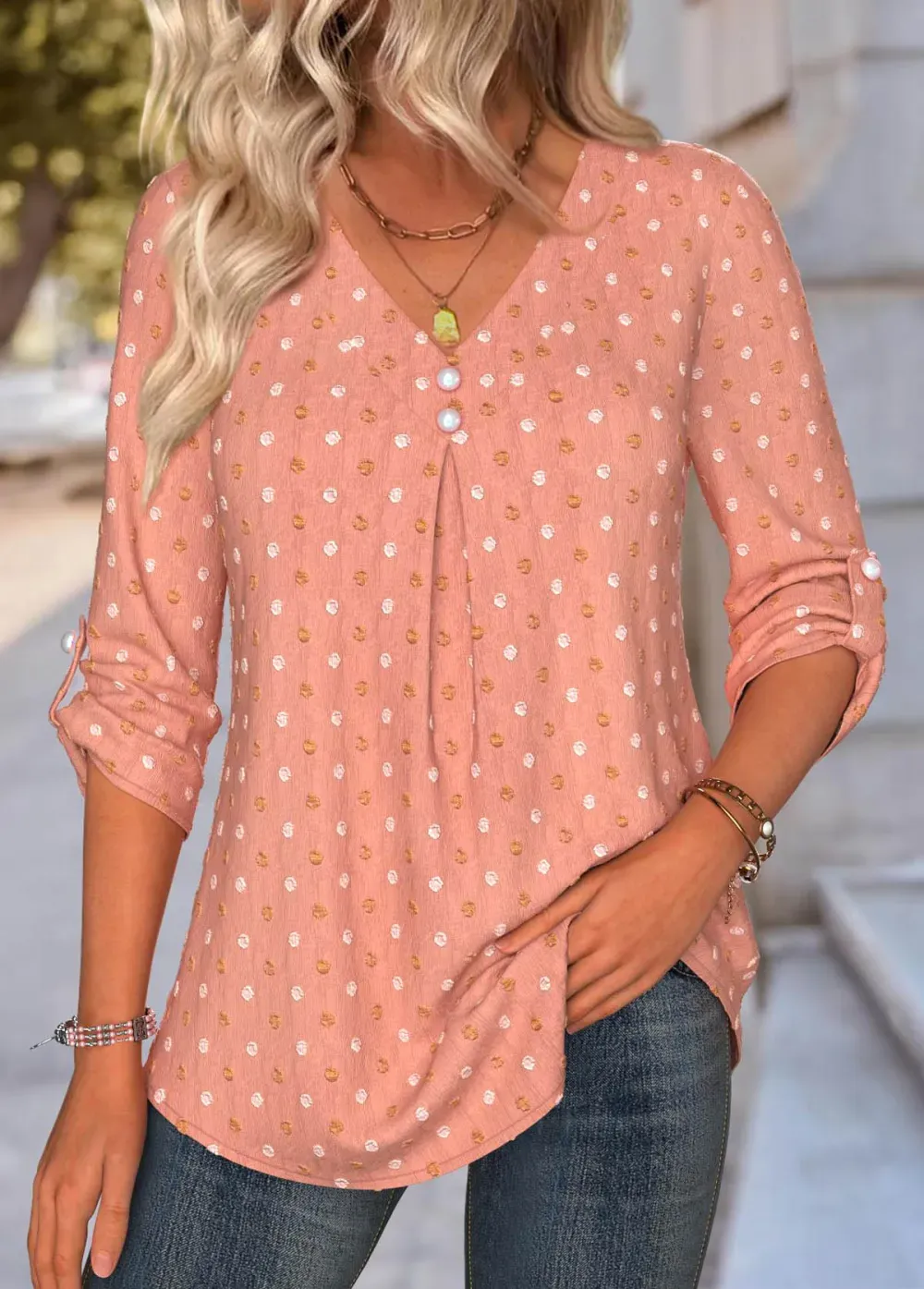 Dusty Pink Tummy Coverage Long Sleeve V Neck Blouse