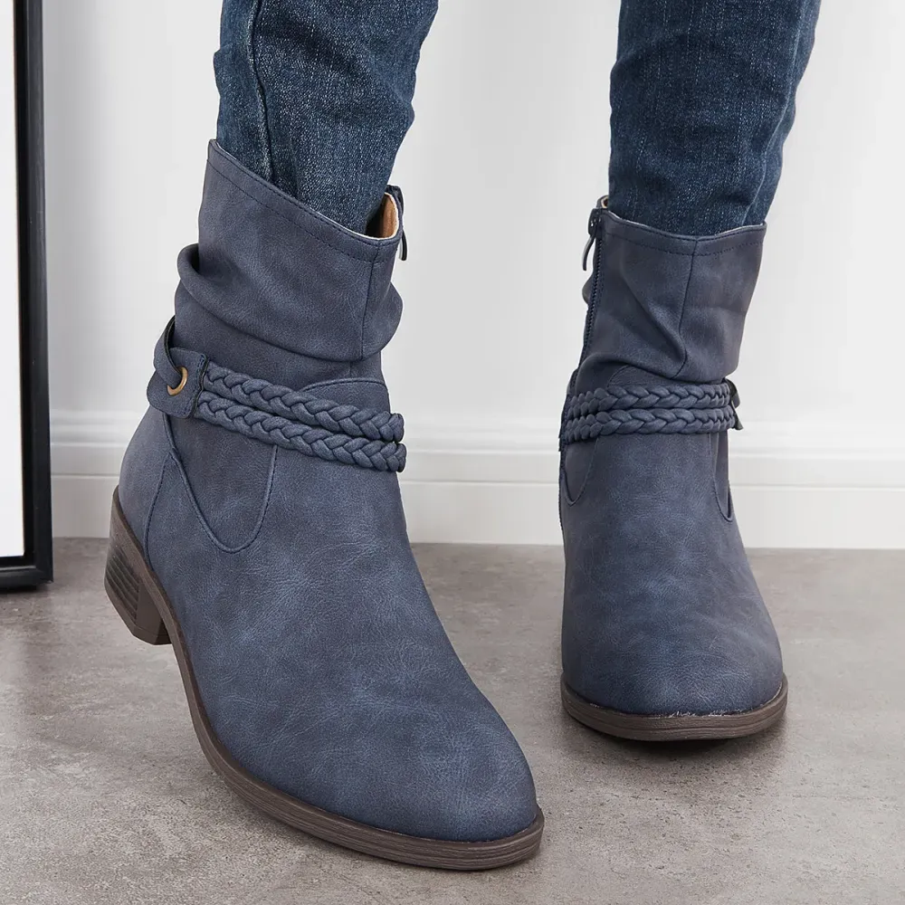 Slouchy Ankle Boots Braided Strap Chunky Block Heel Booties