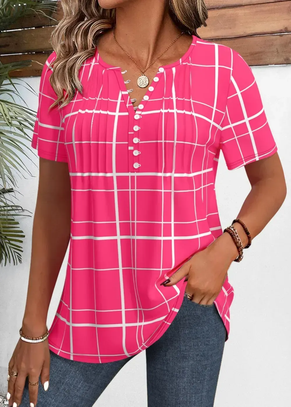 Hot Pink Plaid Short Sleeve Split Neck Shirt
