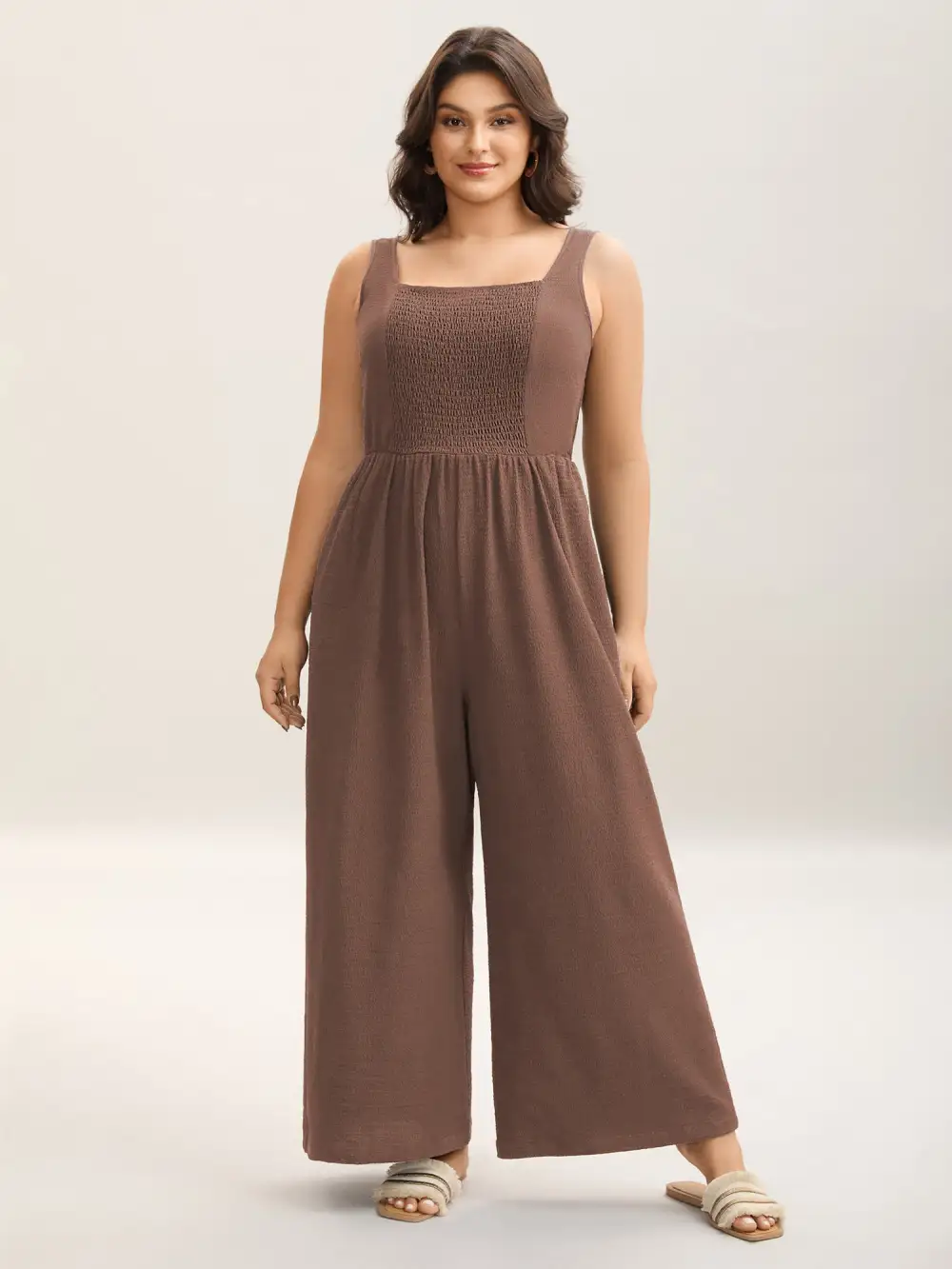 Shirred Pockets Wide-Leg Plain Jumpsuit